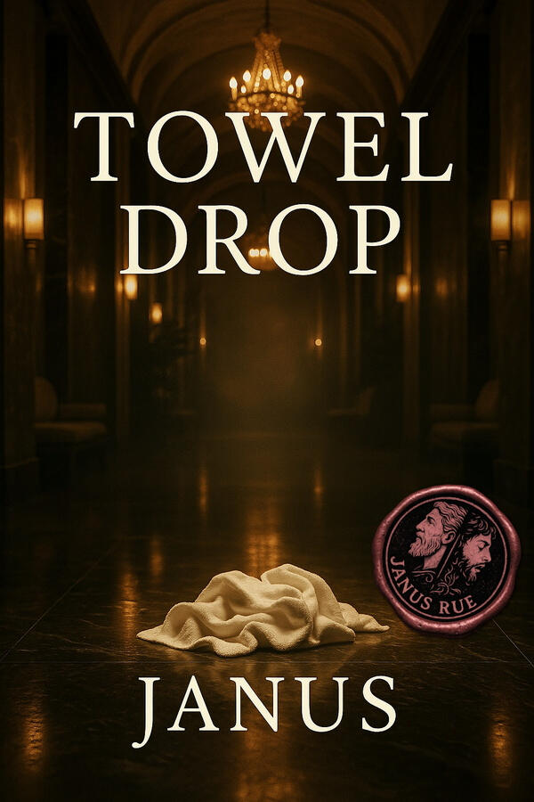 A woman in a white towel walks barefoot through a grand hotel lobby, just before her unraveling begins. A moment of stillness before surrender.